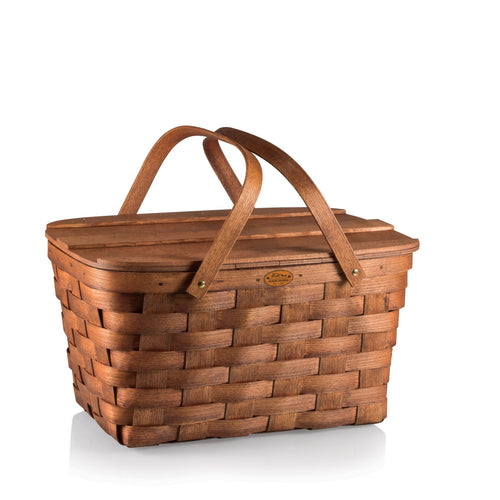 Woven picnic basket on a white background