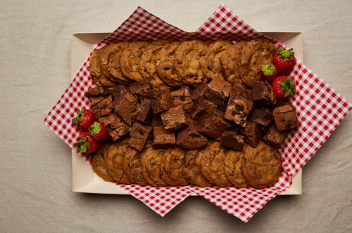 Cookies, brownie chunks, and strawberries