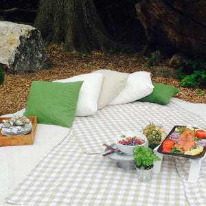 Picnic in central park with blankets and pillows