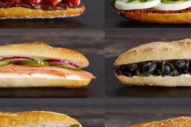 Six baguette sandwiches with different fillings including fruit and vegetables.