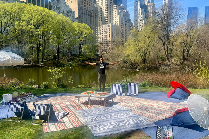 Person standing on picnic setup in park with city skyline in background.