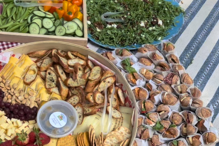 Outdoor picnic spread with fruits, crackers, salad, sandwiches, and veggies on a stripe and checkered cloth.