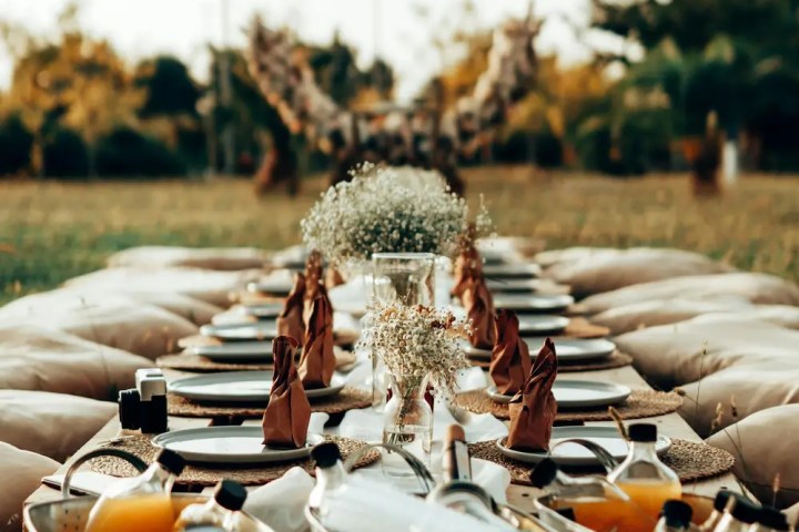 Outdoor picnic setup with a long table, plates, drinks, and balloons in the background.