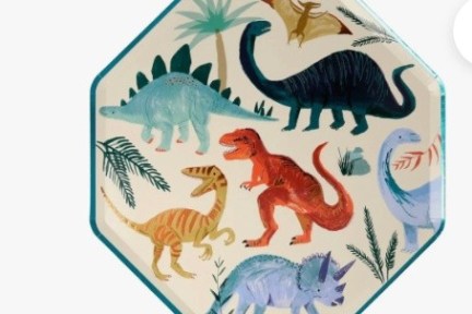Octagonal plate with colorful dinosaurs and plants.